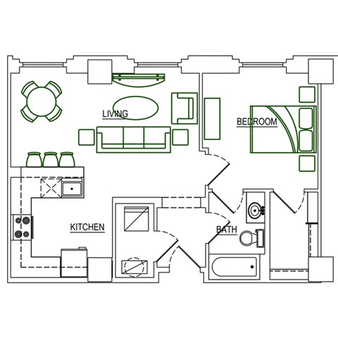 Floor plan for 1 bed, 1 bath, 696 sqft
